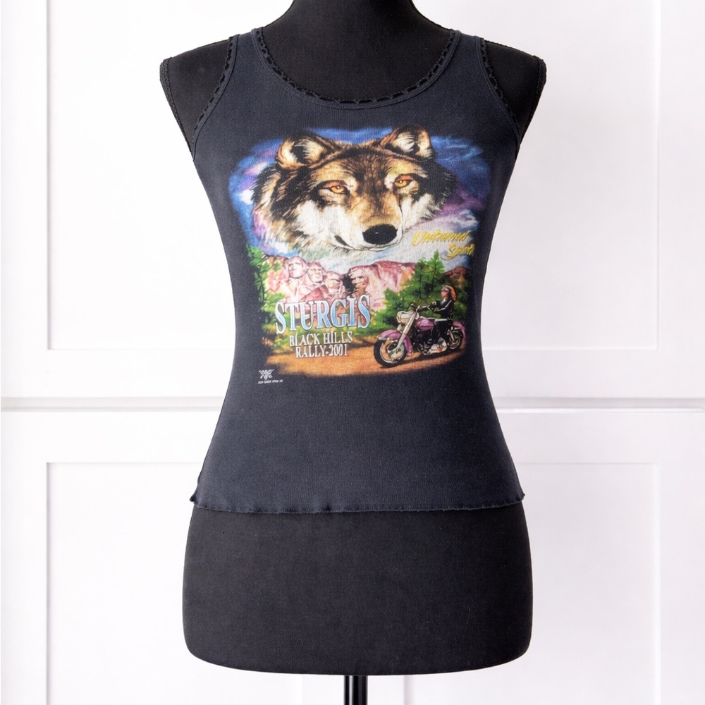 2001 Sturgis Black Biker Tank Top with Lace Trim